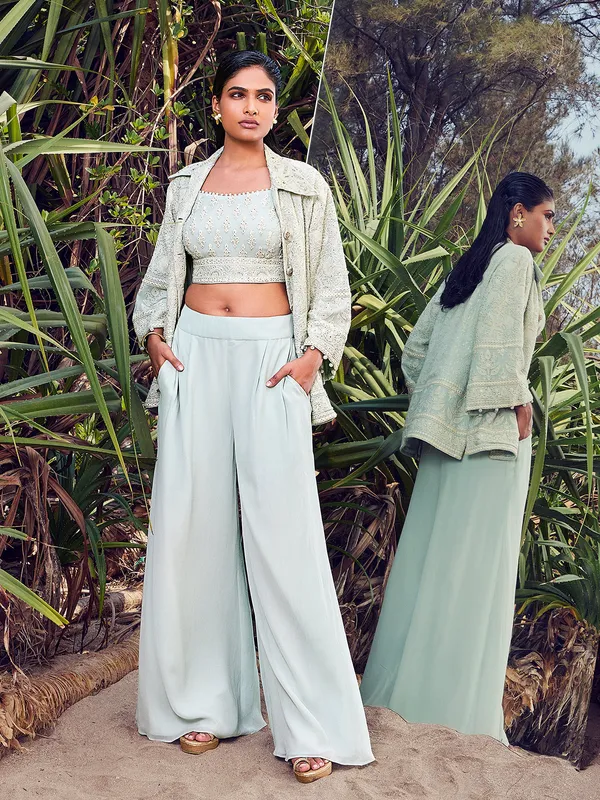 Jacket style mint green georgette palazzo suit