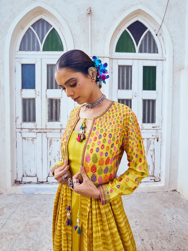 Jacket style mustard yellow silk palazzo suit