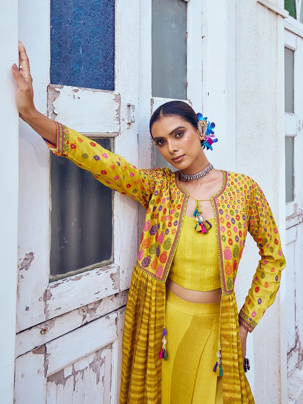 Jacket style mustard yellow silk palazzo suit