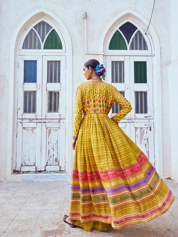 Jacket style mustard yellow silk palazzo suit