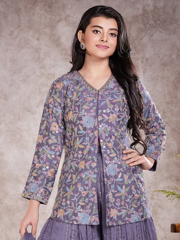 Jacket style purple silk palazzo suit for girls