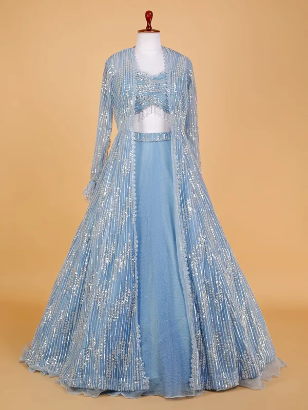 Jacket style sky blue organza lehenga choli