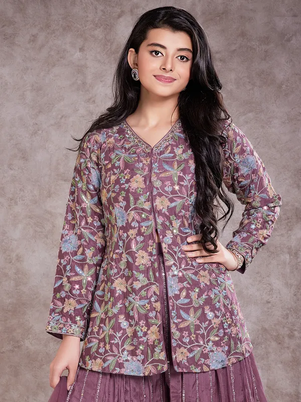 Jacket style wine silk palazzo suit for girls