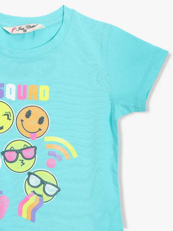 JUST CLOTHES cotton aqua printed t-shirt
