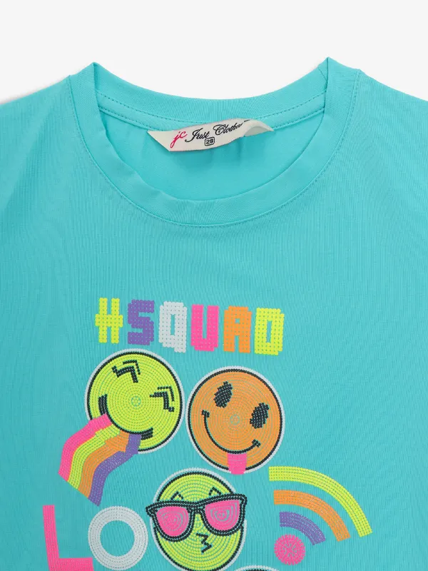 JUST CLOTHES cotton aqua printed t-shirt