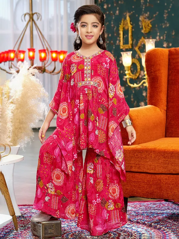 Kaftan style pink silk sharara salwar suit