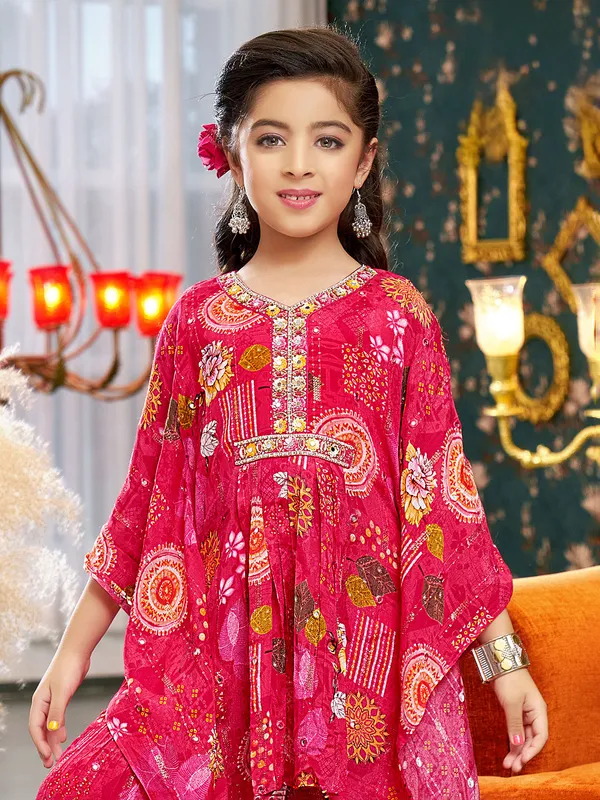 Kaftan style pink silk sharara salwar suit