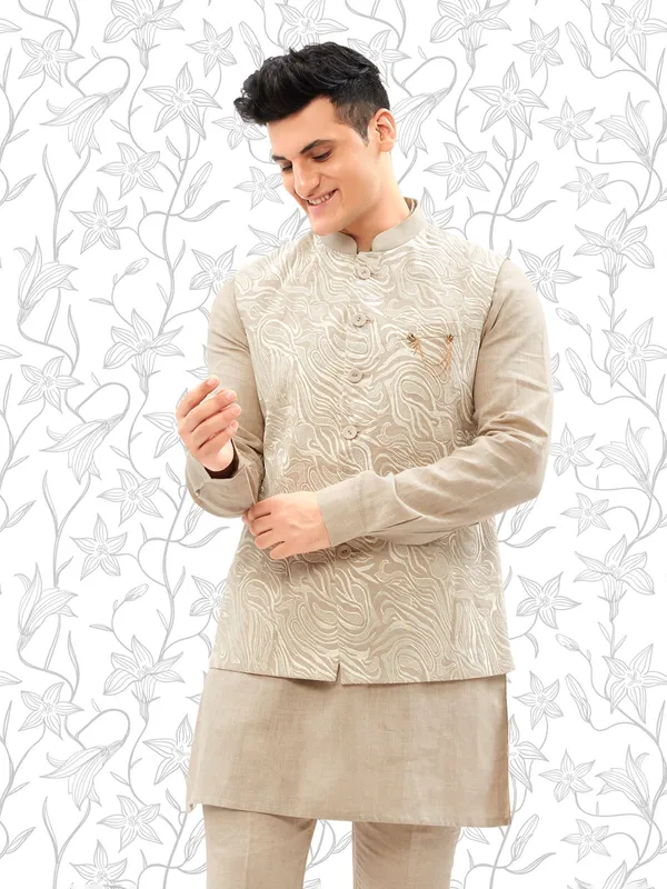 Khakhi cotton embroidery waistcoat set for men