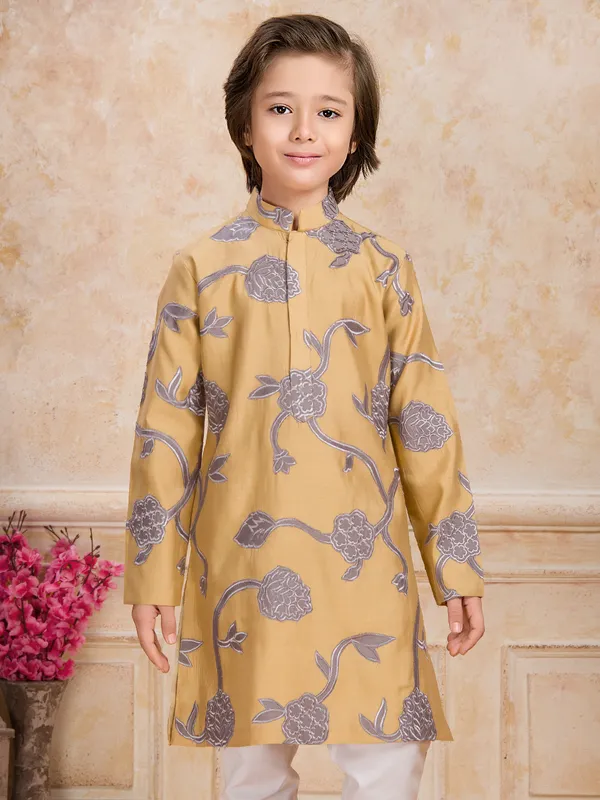 Khakhi floral printed cotton silk kurta suit
