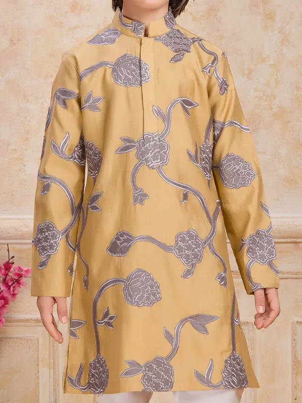 Khakhi floral printed cotton silk kurta suit