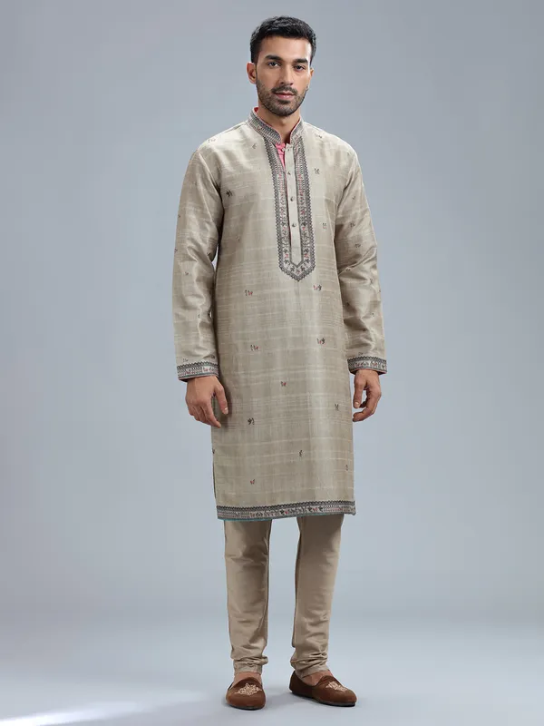 Khakhi printed cotton silk kurta pajama for men