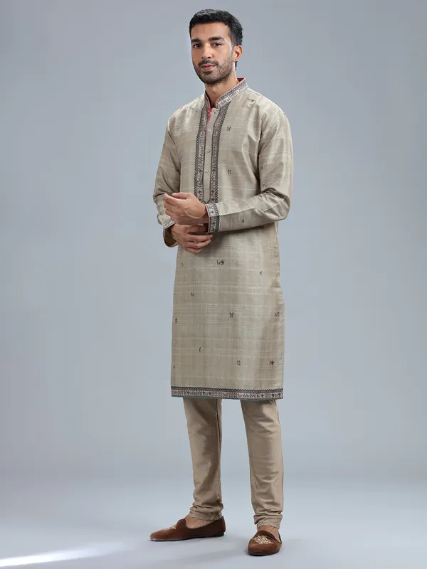 Khakhi printed cotton silk kurta pajama for men