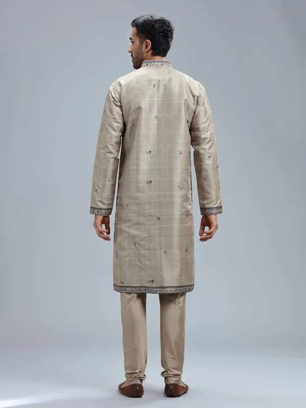 Khakhi printed cotton silk kurta pajama for men