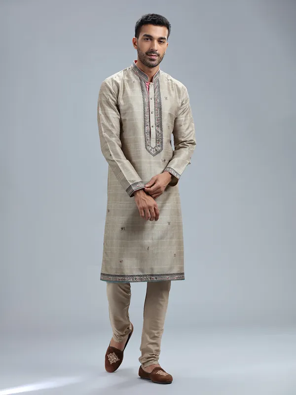 Khakhi printed cotton silk kurta pajama for men