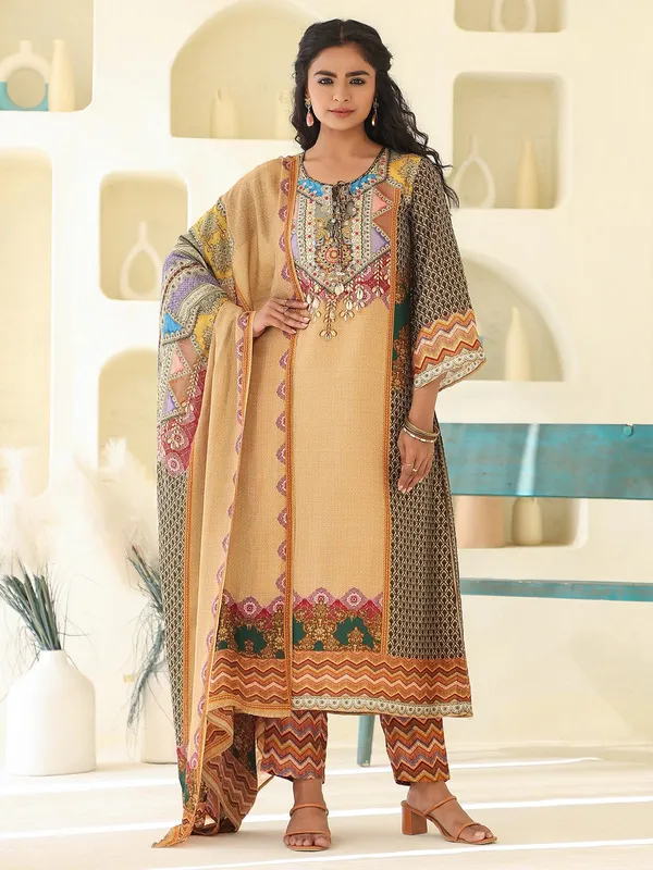 Khakhi printed dola silk kurti set with dupatta