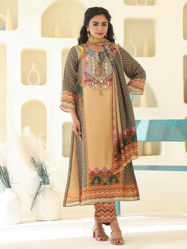 Khakhi printed dola silk kurti set with dupatta