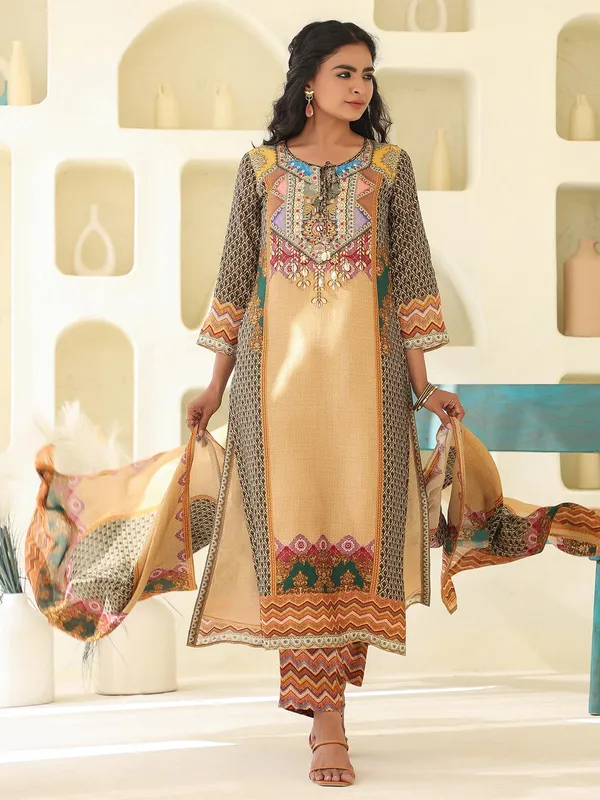 Khakhi printed dola silk kurti set with dupatta