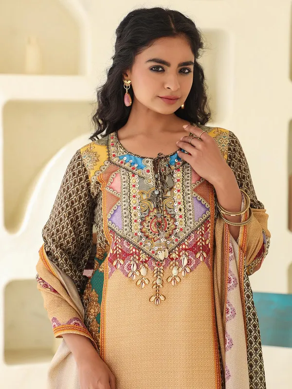 Khakhi printed dola silk kurti set with dupatta