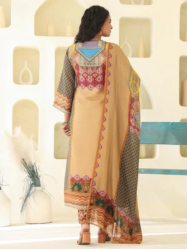 Khakhi printed dola silk kurti set with dupatta