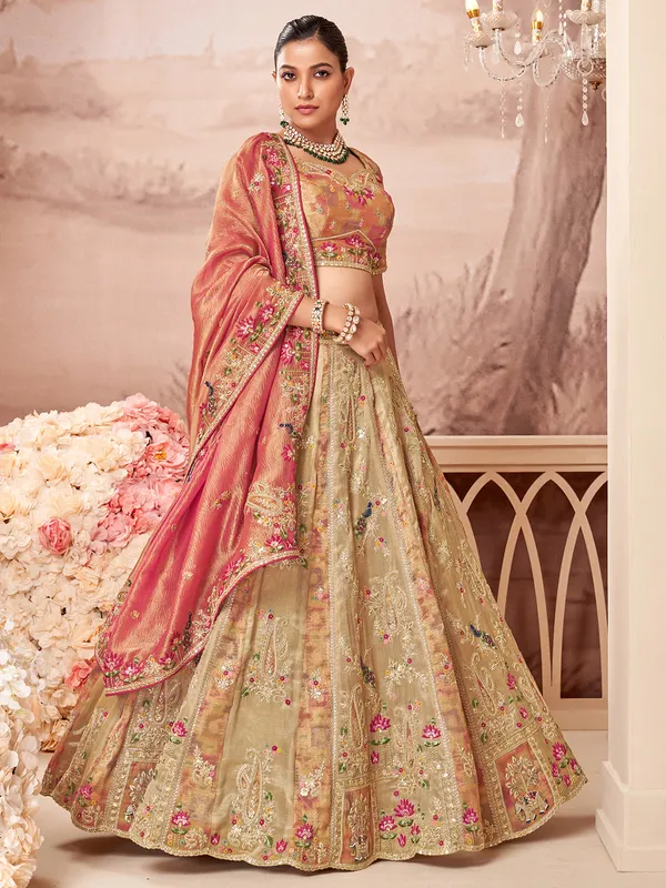 Khakhi raw silk wedding style unstitched lehenga choli