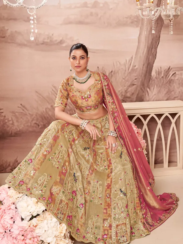 Khakhi raw silk wedding style unstitched lehenga choli