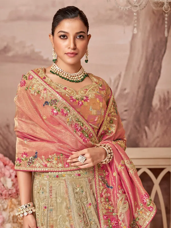 Khakhi raw silk wedding style unstitched lehenga choli