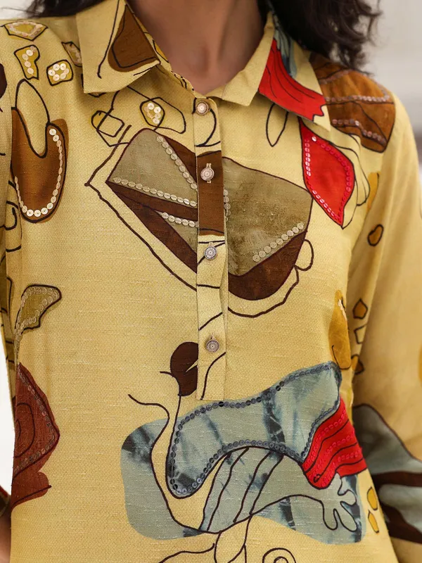 Khakhi silk kurti set with print