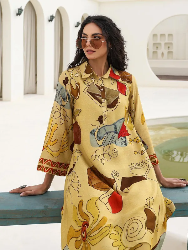 Khakhi silk kurti set with print