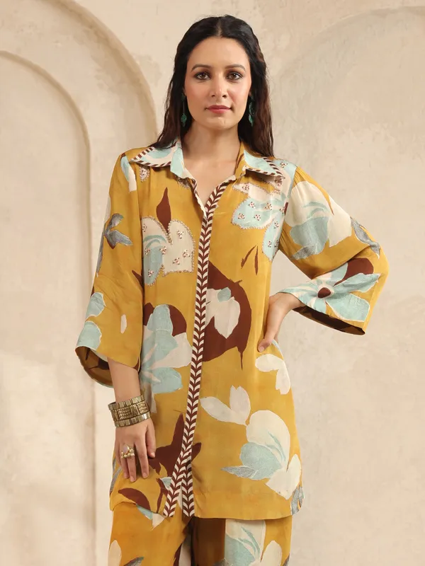 Khakhi silk printed co ord set with sequins and beads works