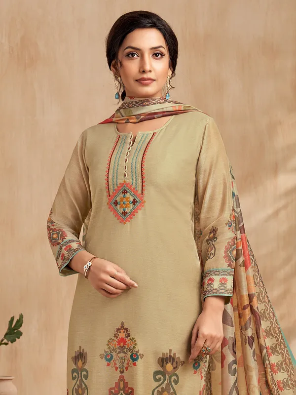 Khaki cotton silk salwar suit with printed dupatta
