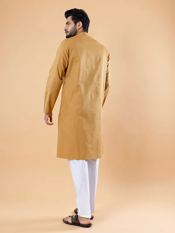 Khaki plain cotton  Men Kurta pajama