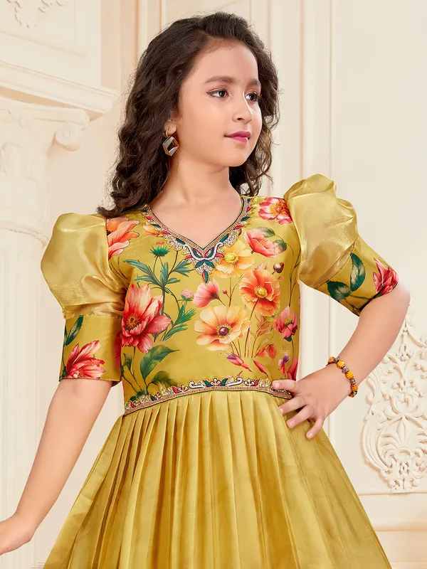 Khaki printed chiffon gown for festive