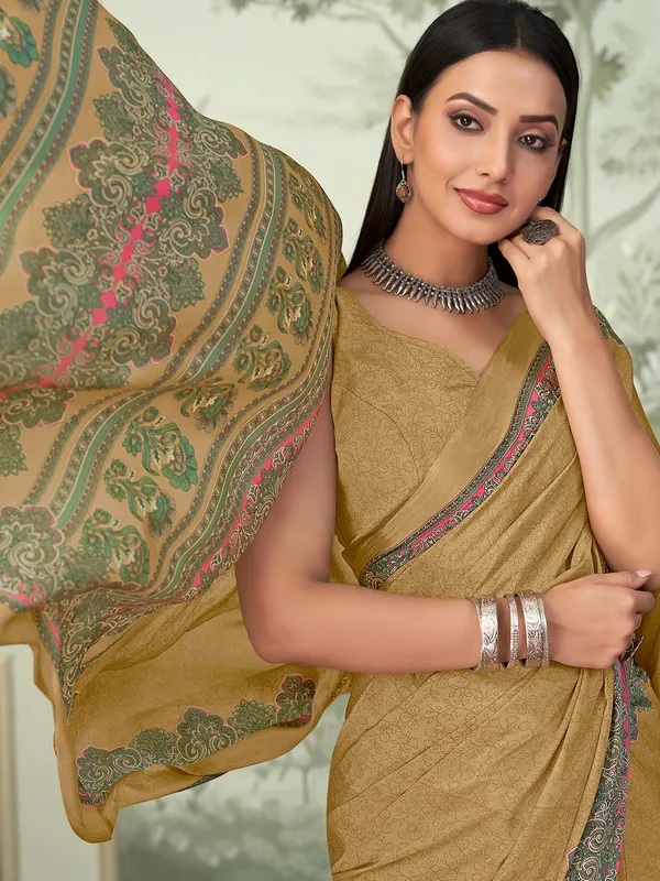 Khaki printed crepe saree