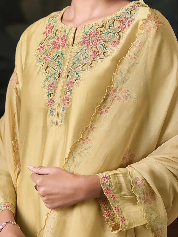 Khaki silk embroidery palazzo suit with dupatta