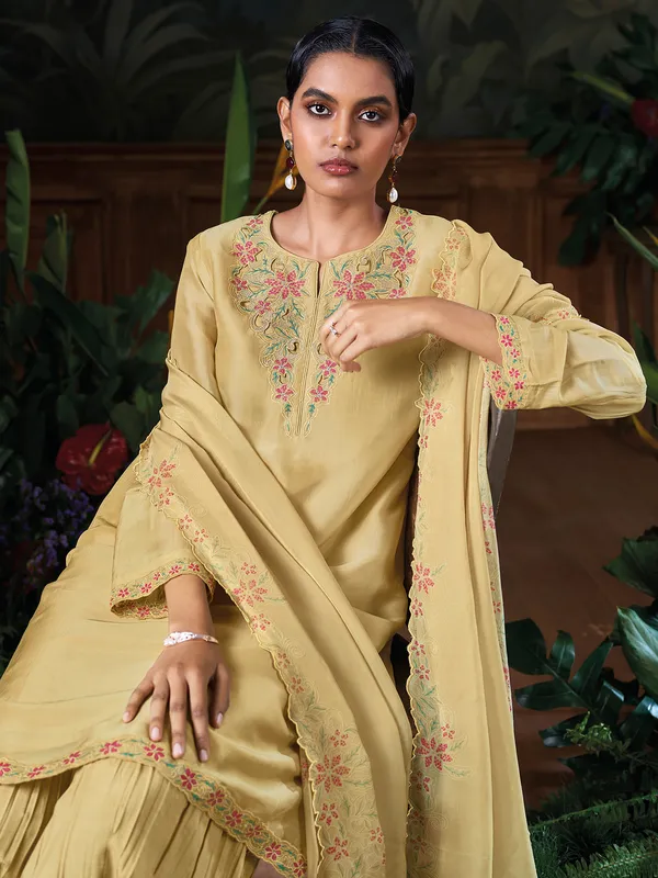 Khaki silk embroidery palazzo suit with dupatta