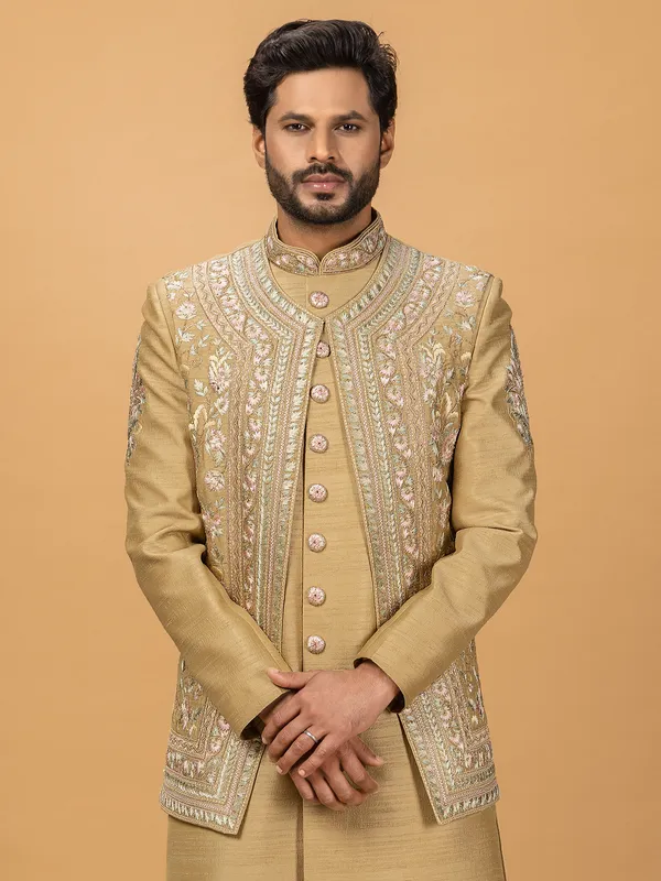 Khaki silk indowestern for men