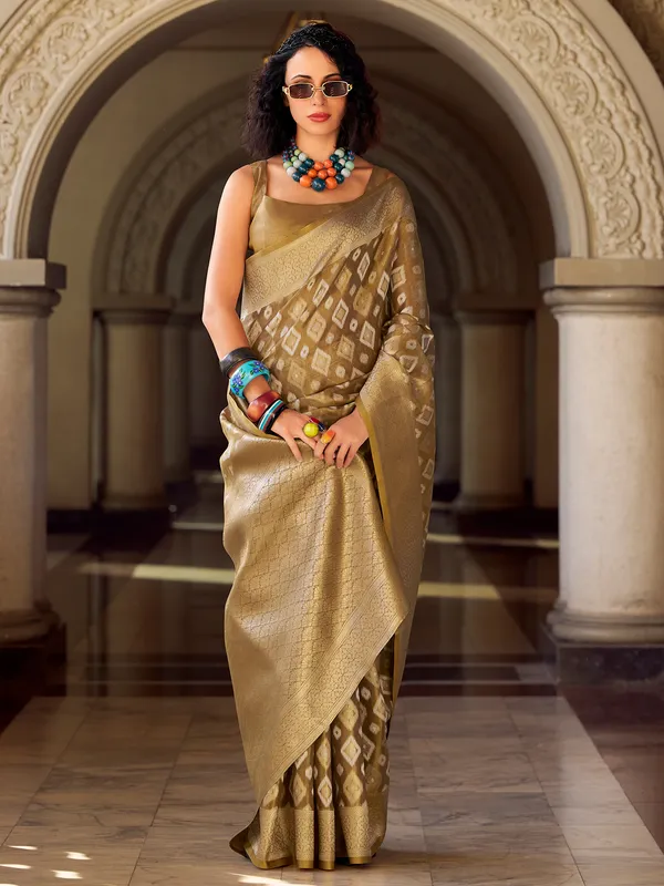 Khaki tissue silk zari worked saree