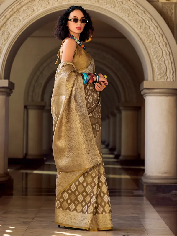 Khaki tissue silk zari worked saree