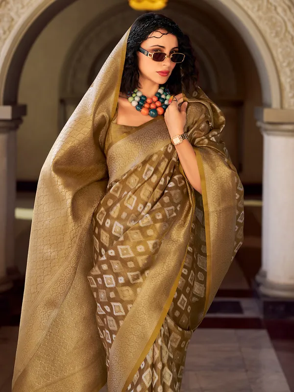 Khaki tissue silk zari worked saree