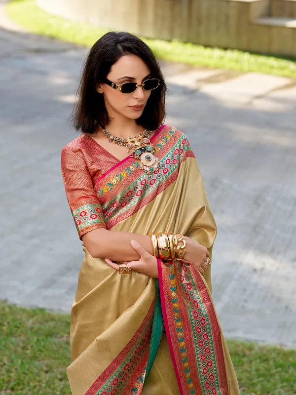 Khaki zari weaving tissue silk saree