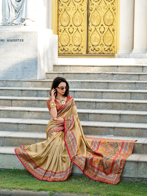 Khaki zari weaving tissue silk saree