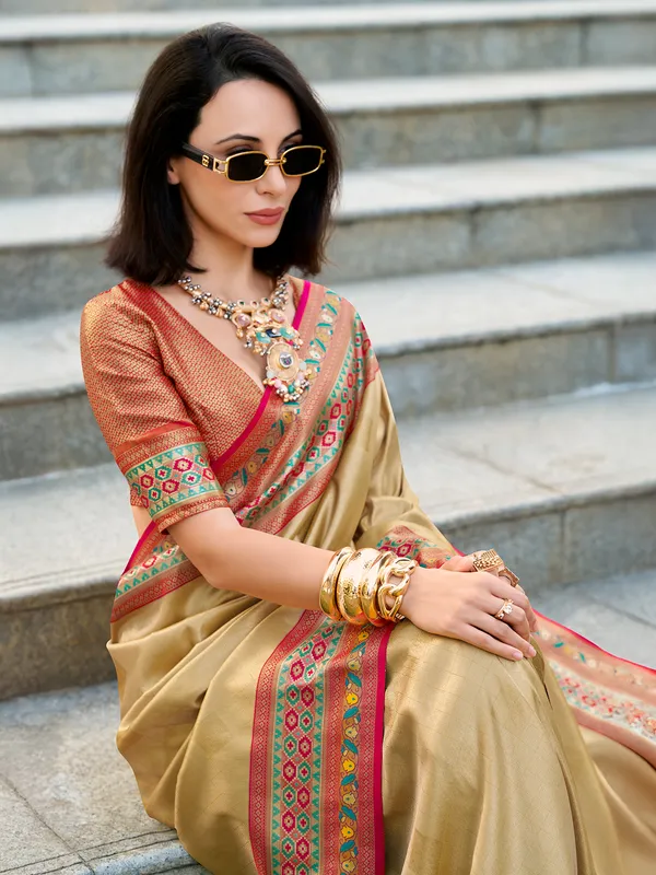 Khaki zari weaving tissue silk saree