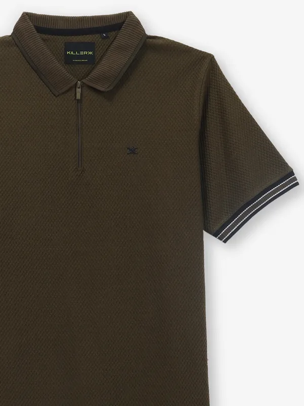 KILLER olive plain knitted polo t-shirt