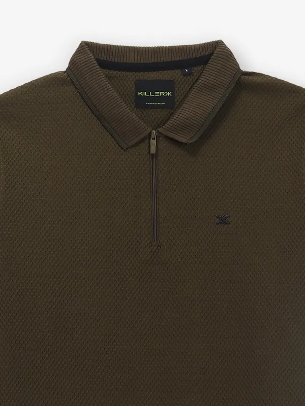 KILLER olive plain knitted polo t-shirt