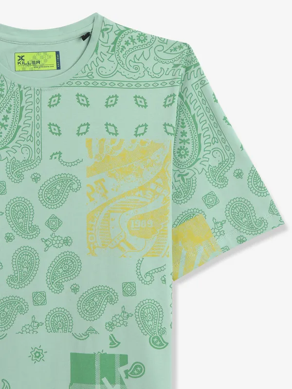 KILLER pista green printed cotton casual t-shirt