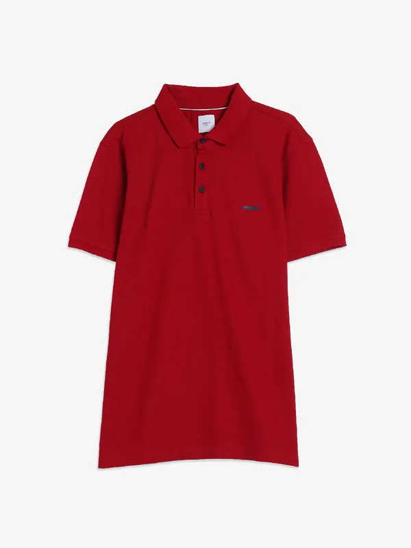 Spykar plain red cotton polo t-shirt