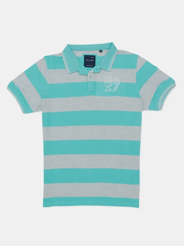 Killer striped casual wear sea green regular fit t shirt