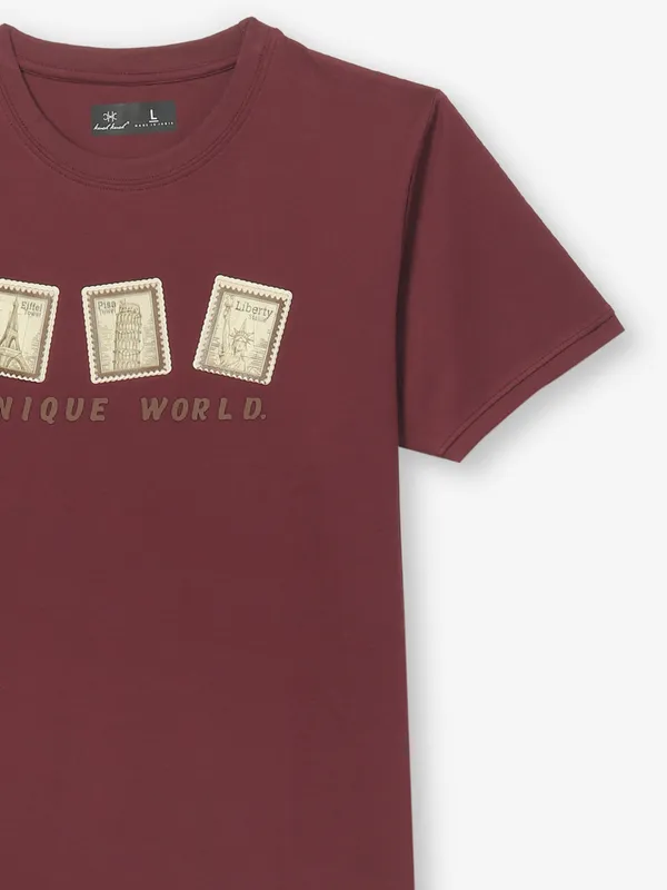 KUCH KUCH cotton maroon slim fit t-shirt