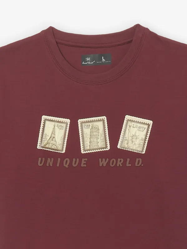 KUCH KUCH cotton maroon slim fit t-shirt