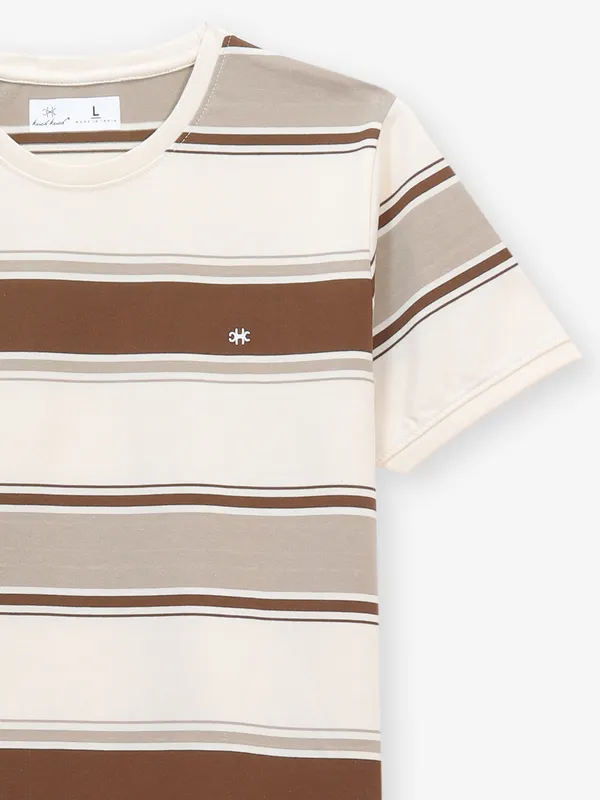 KUCH KUCH cream and brown slim fit cotton t-shirt with stripe